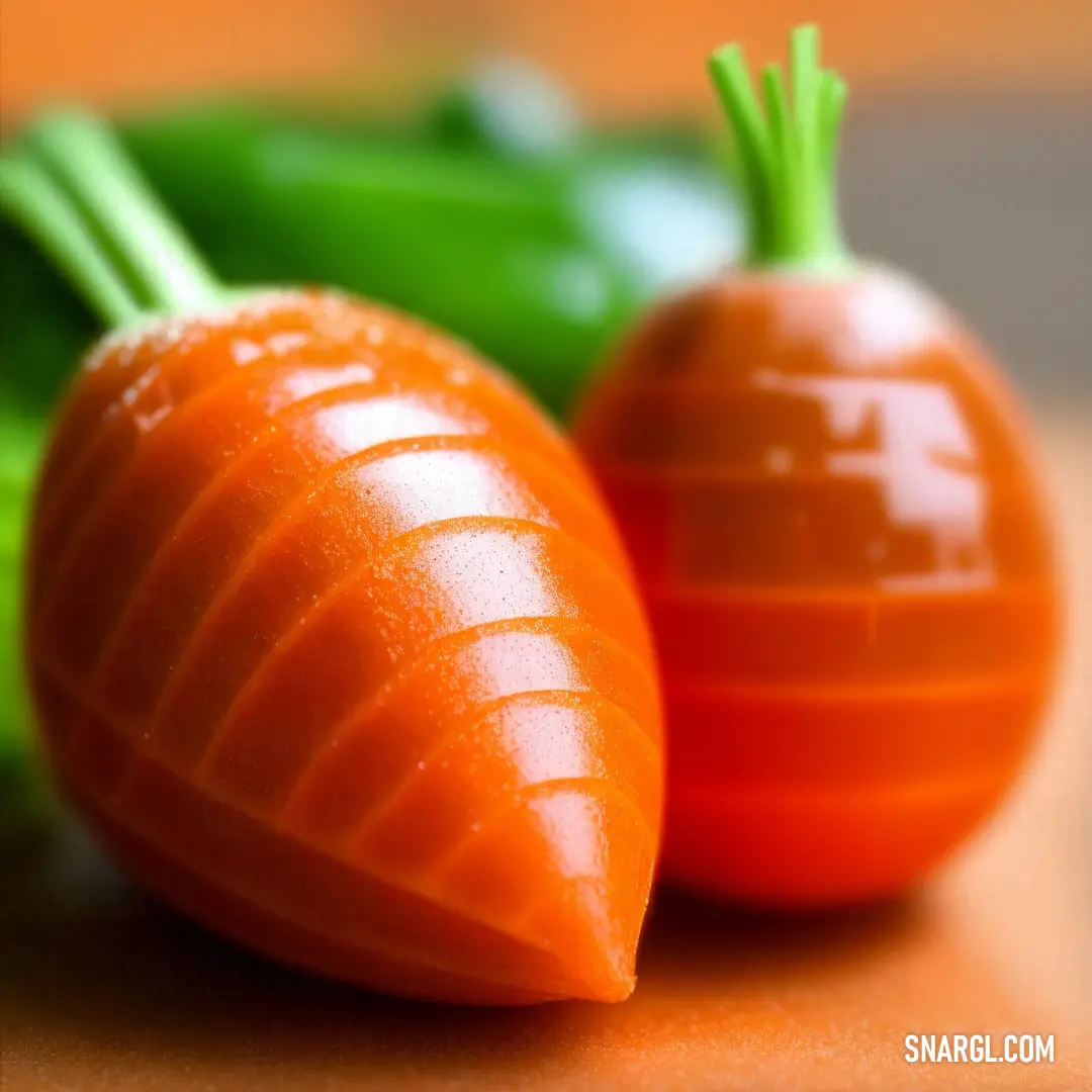 Close up of two carrots and a green pepper on a table with other vegetables in the background. Example of Scarlet color.