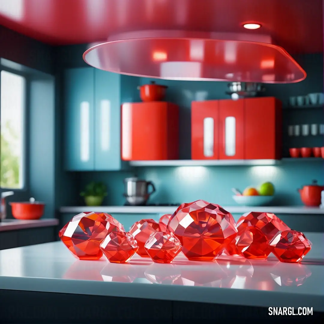 Kitchen with red glass decorations on the counter top and a red light hanging from the ceiling above it. Example of #FF2400 color.