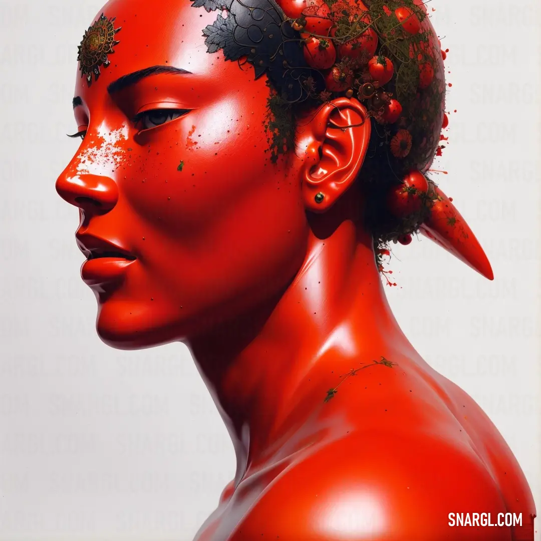 Red woman with horns and a red dress on her head is shown in a surrealistic photo with a white background. Color CMYK 0,86,100,0.