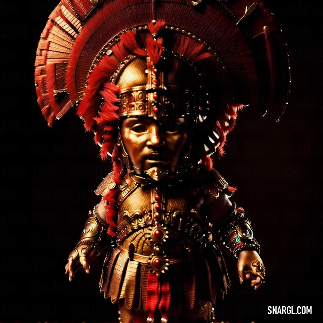 Statue of a person wearing a headdress and a headdress with feathers on it's head
