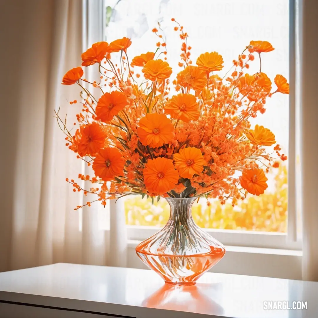 Scarlet color. Vase of orange flowers on a table in front of a window with a view of the outside of the room