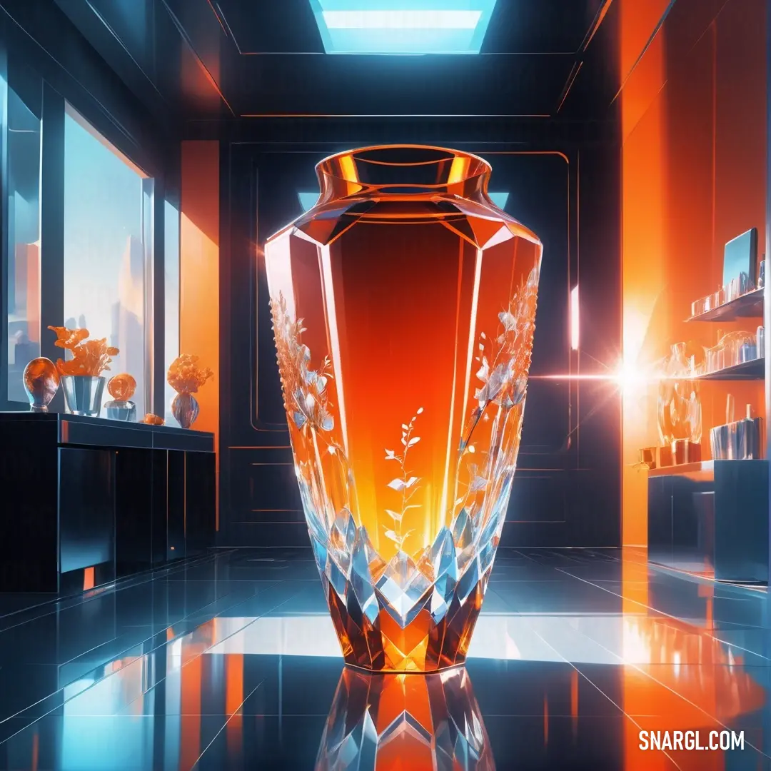 Scarlet color example: Vase on a shiny surface in a room with a window and a shelf with vases on it