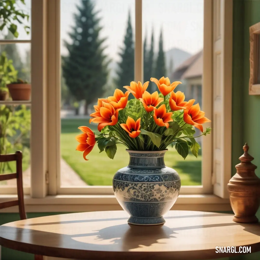 Vase with orange flowers on a table in front of a window with a view of a yard and a house. Color RGB 255,36,0.