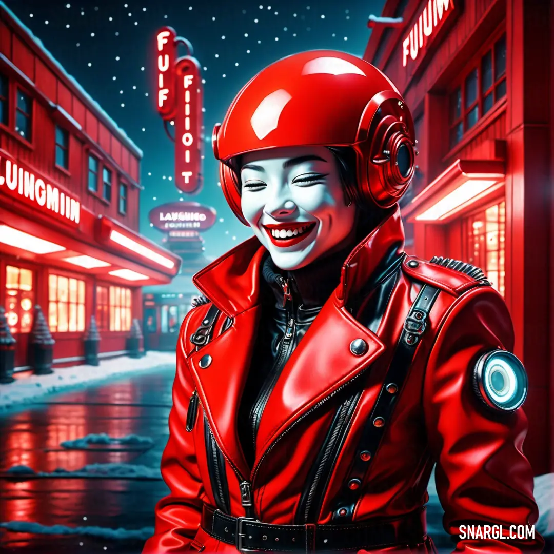Woman in a red leather jacket and helmet standing in front of a building with neon lights on it