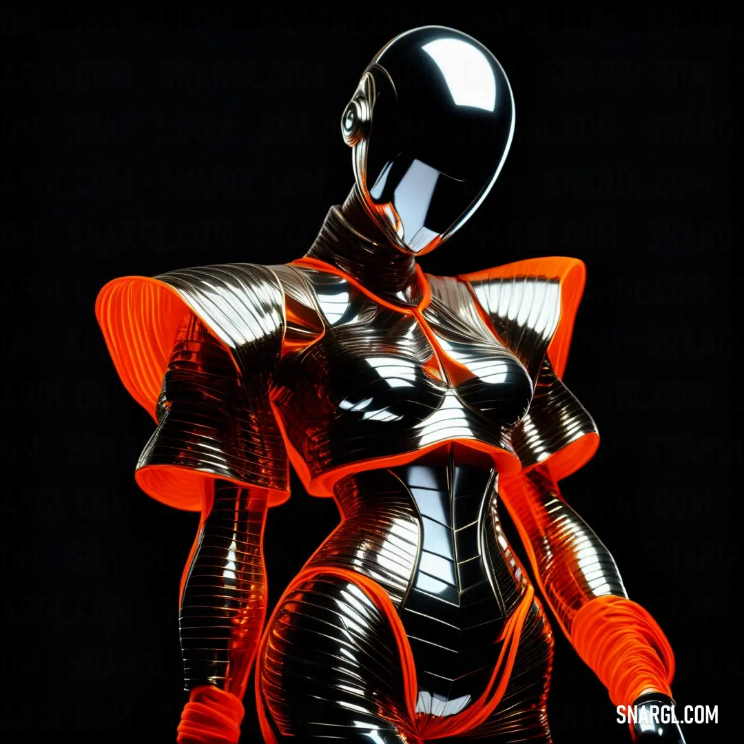 Woman in a shiny suit with orange accents on her body and arms outstretched. Example of CMYK 0,86,100,0 color.