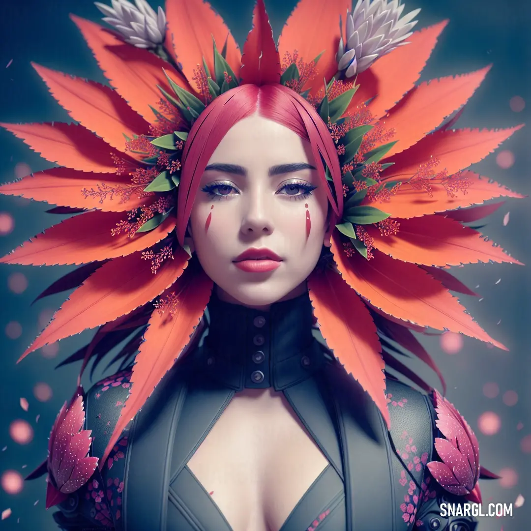 Woman with a flower on her head and a flower in her hair is wearing a costume made of feathers