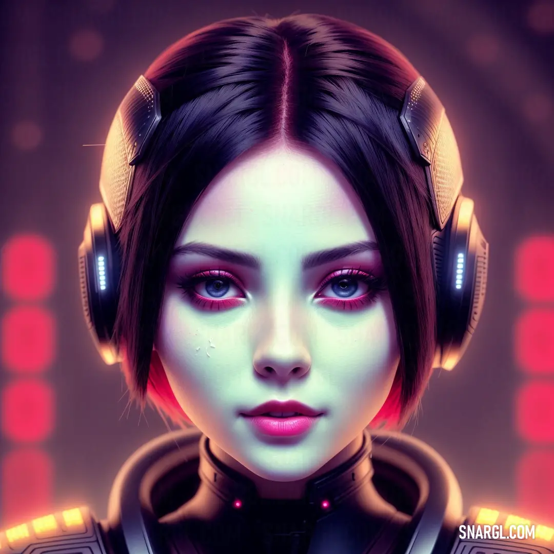 Woman with headphones on her head and a futuristic look on her face