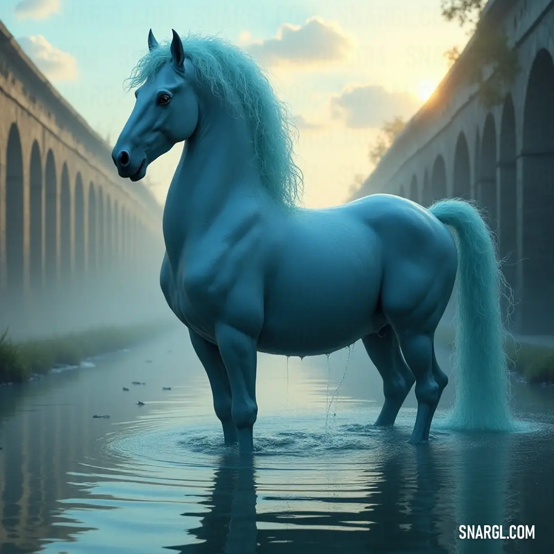White Scatha emerges majestically from the water near an enchanting bridge adorned with arches, the architectural beauty harmonizing with the tranquil landscape as twilight casts a magical glow over the scene.