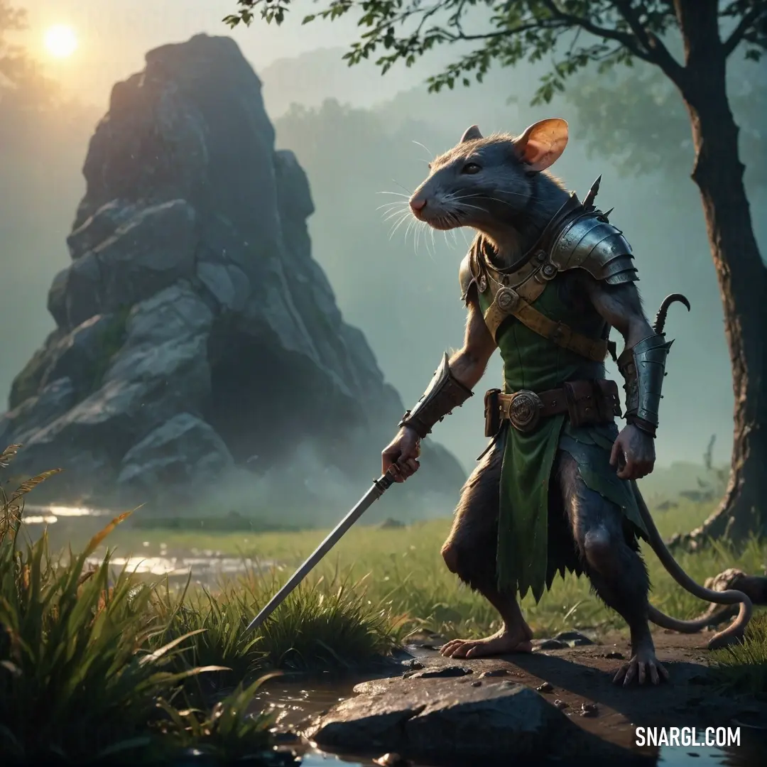 Mouse with a sword standing in a forest next to a river and a rock formation in the background