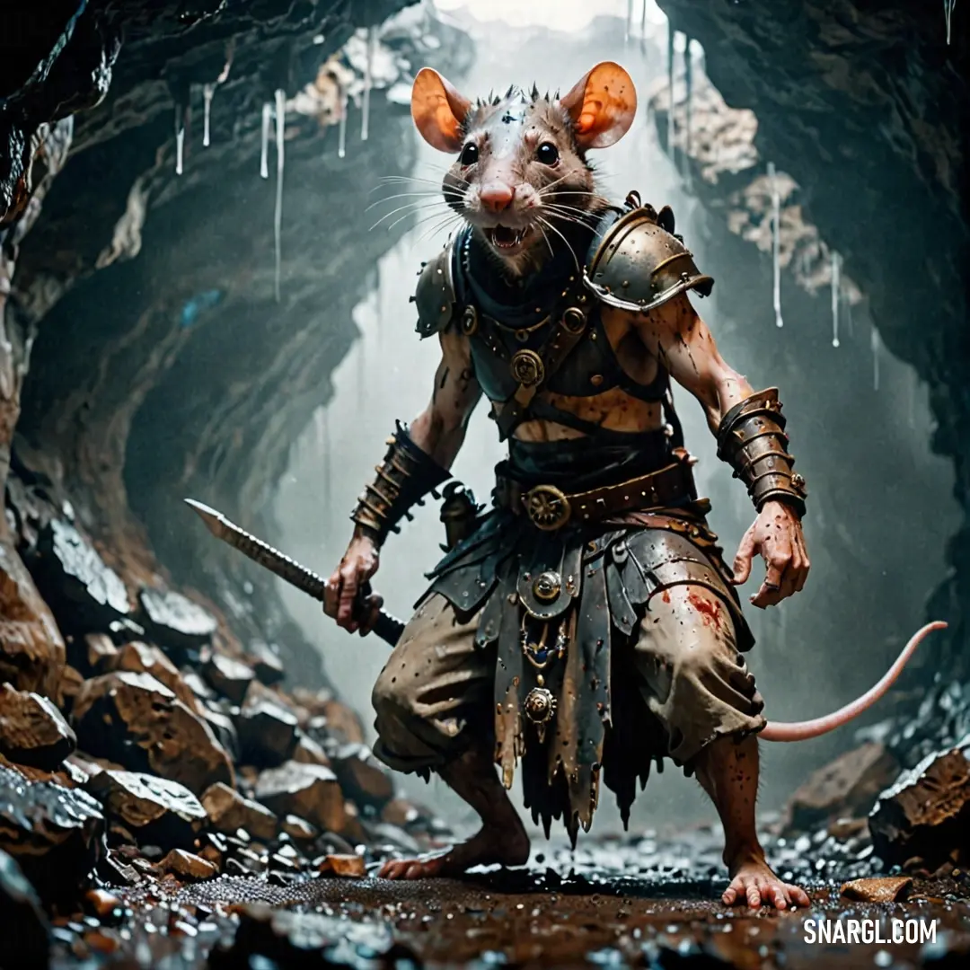 Scaven in a cave with a sword and armor on it's head and a knife in its mouth