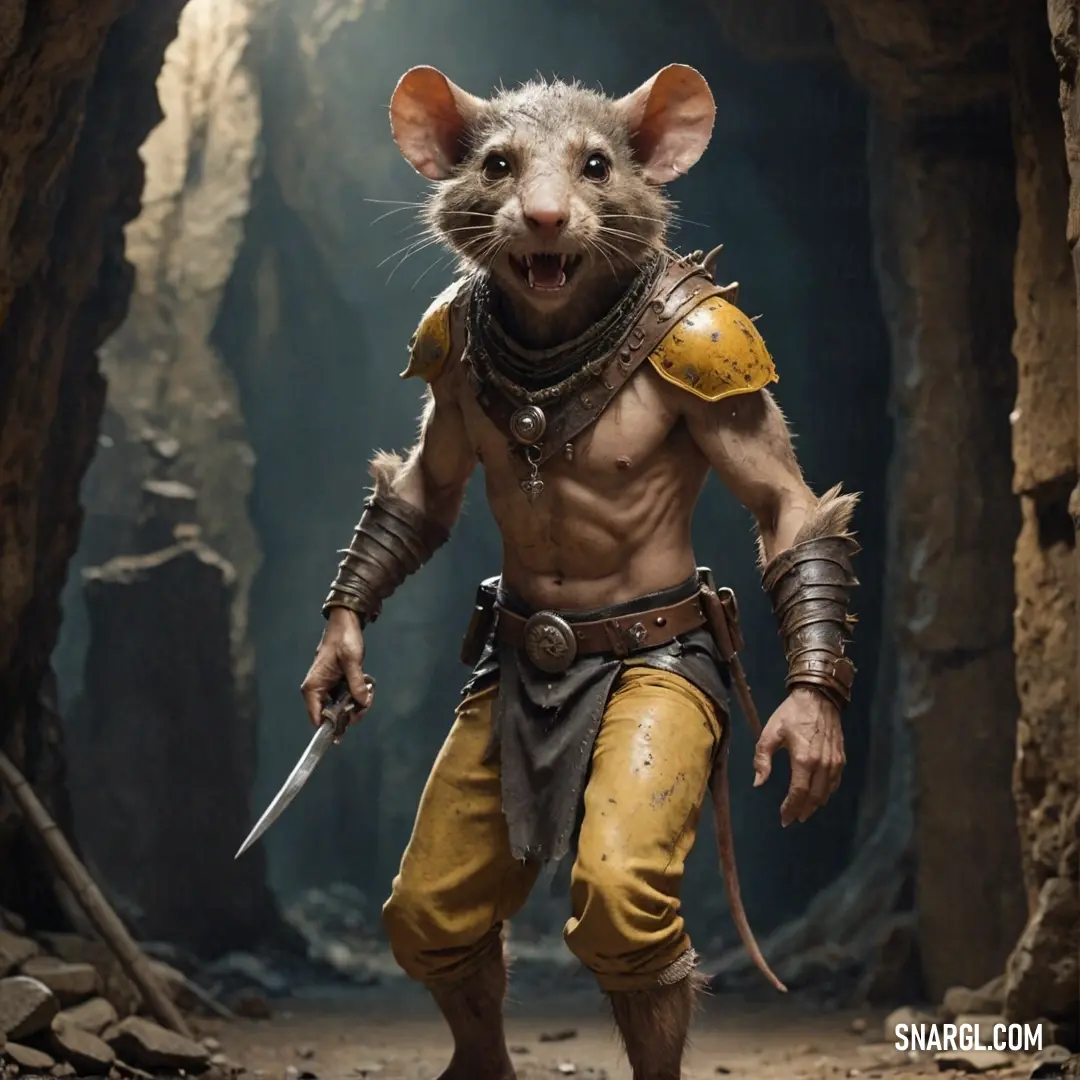 Scaven in a cave with a sword in its hand and a helmet on his head and a yellow outfit on
