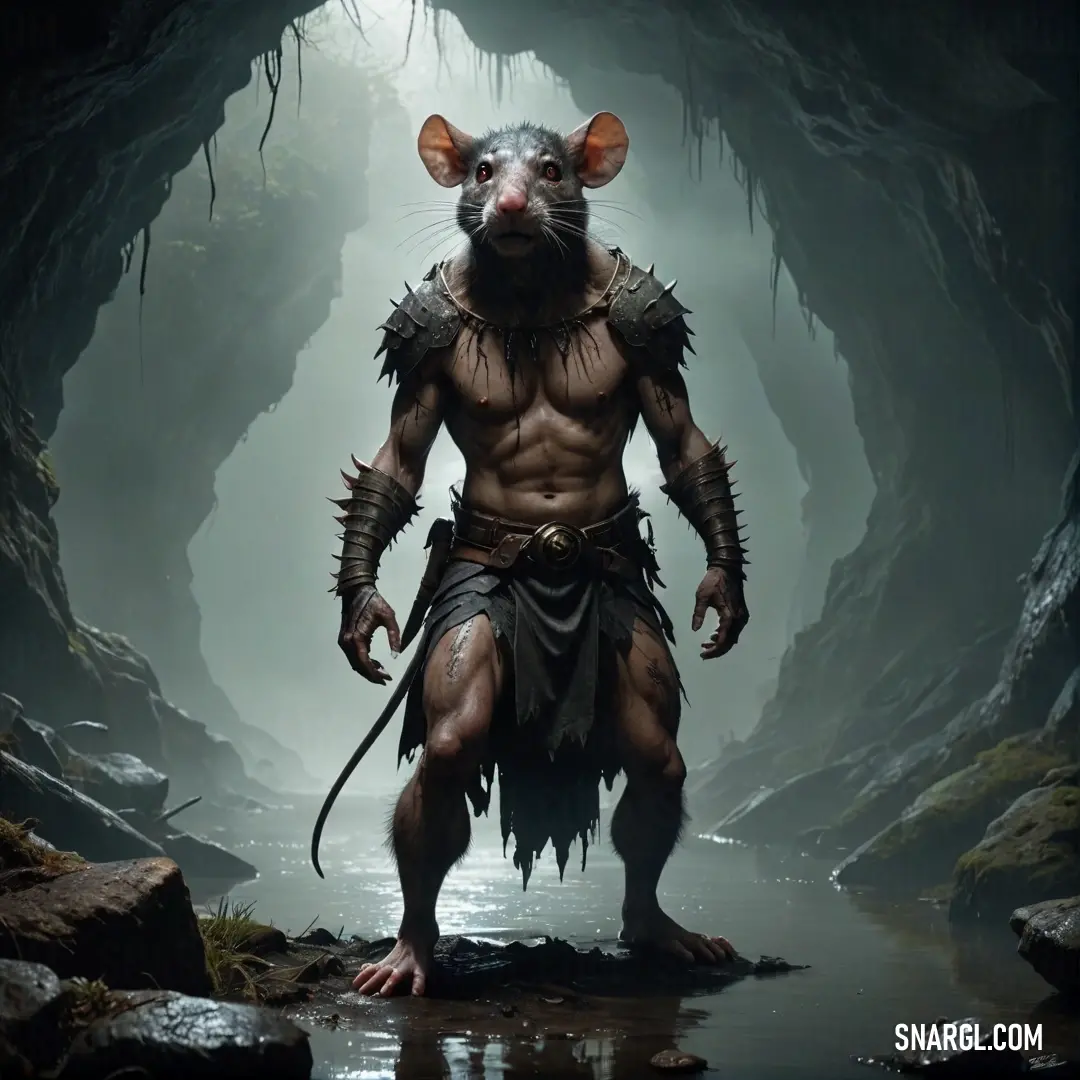 Scaven in a cave with a sword in its hand and a body of water in the background