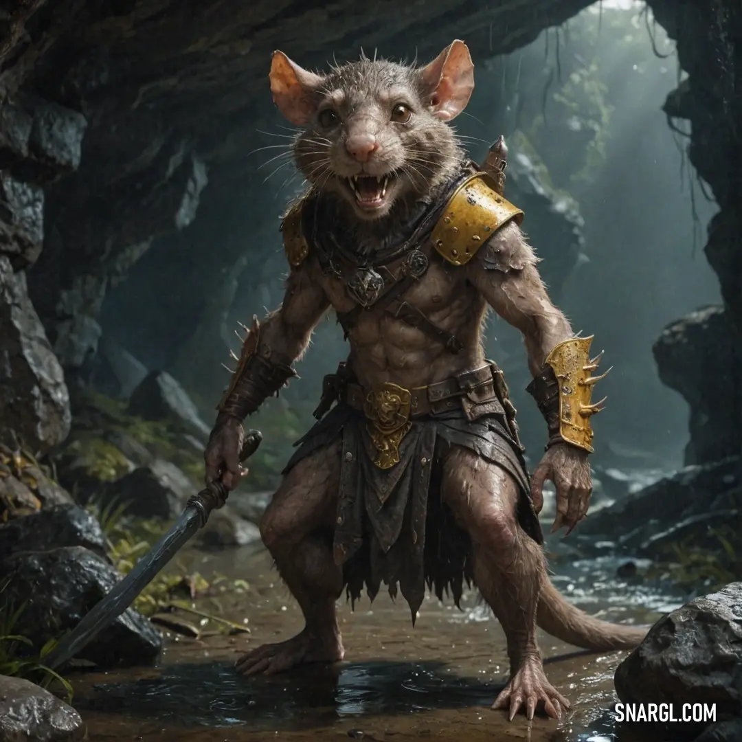 Scaven in a cave with a sword in its mouth and a helmet on its head