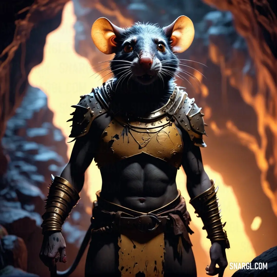 Scaven in a costume standing in a cave with a sword in its hand and a helmet on his head