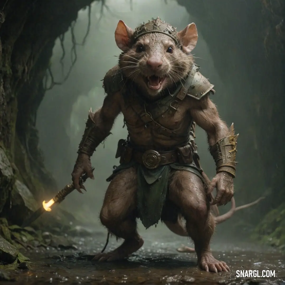 Scaven in a forest with a light saber in its mouth and a helmet on its head