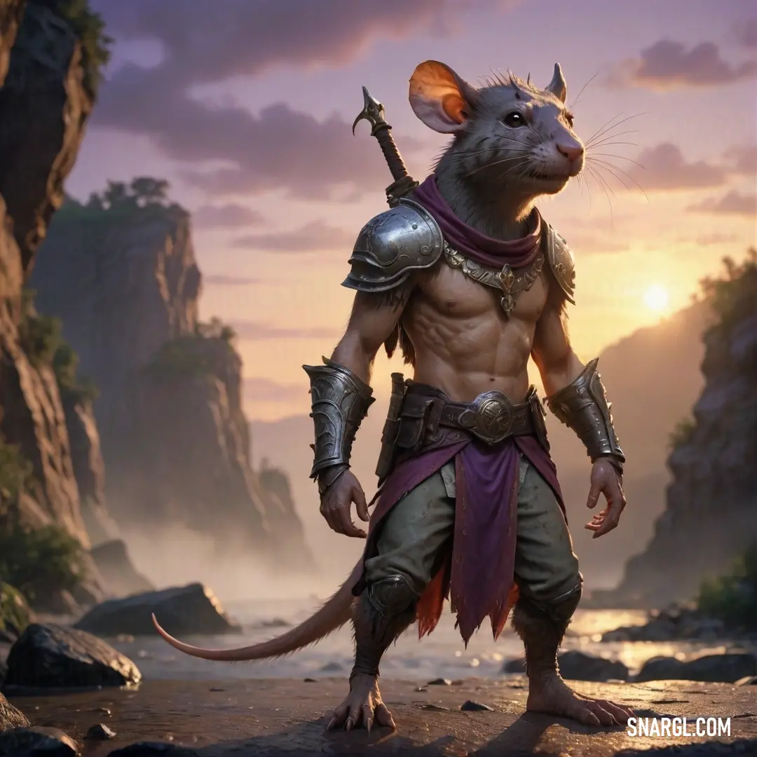 Scaven with a sword standing on a rocky beach in front of a sunset and a mountain range in the background