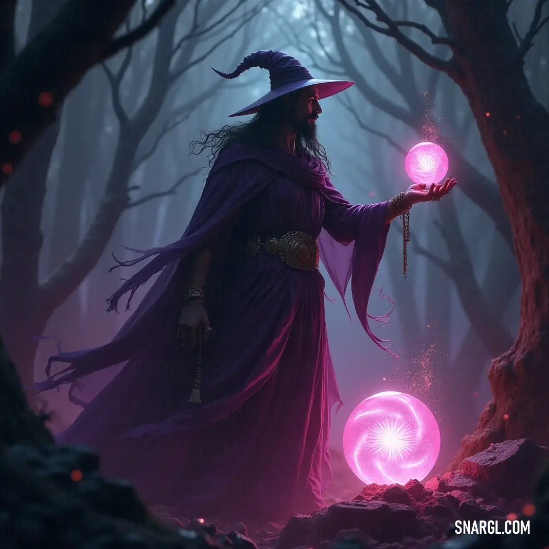 A wizard in the dark forest, holding a glowing orb, channels the mystique of the night with their magical power. A powerful wizard cradles a glowing orb in the darkened woods, surrounded by a mystical ambiance. The purple light emanating from his hand casts shadows that dance among the trees, embodying the essence of magic that resides within the deep woods.