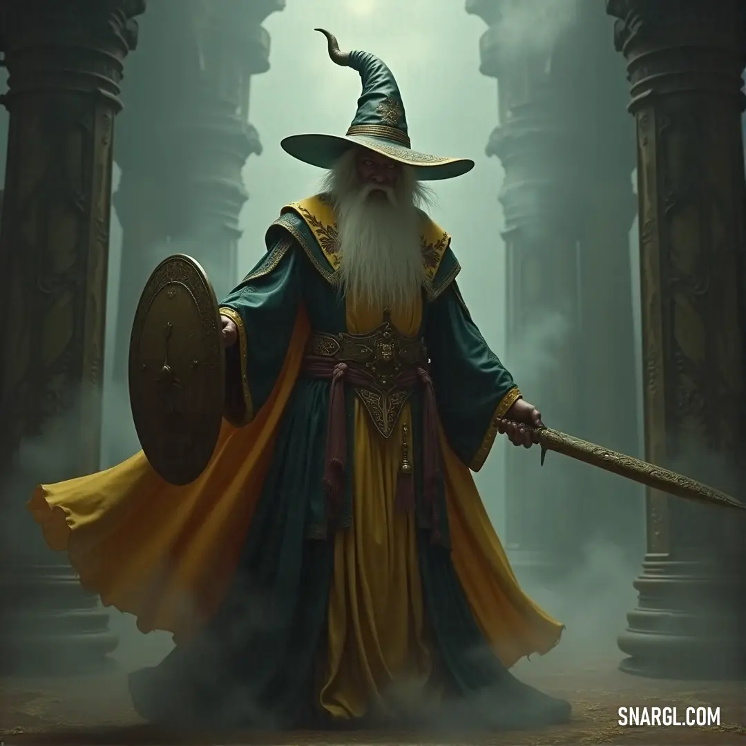A wise wizard, his long beard flowing with the fog, stands bravely in a shadowed land, sword and shield in hand, ready to face whatever dangers lurk in the mist. A wise and seasoned wizard, with a flowing beard, stands in a foggy, mystical land, gripping his sword and shield. The mist swirls around him, enhancing the aura of mystery as he prepares for an unseen challenge.