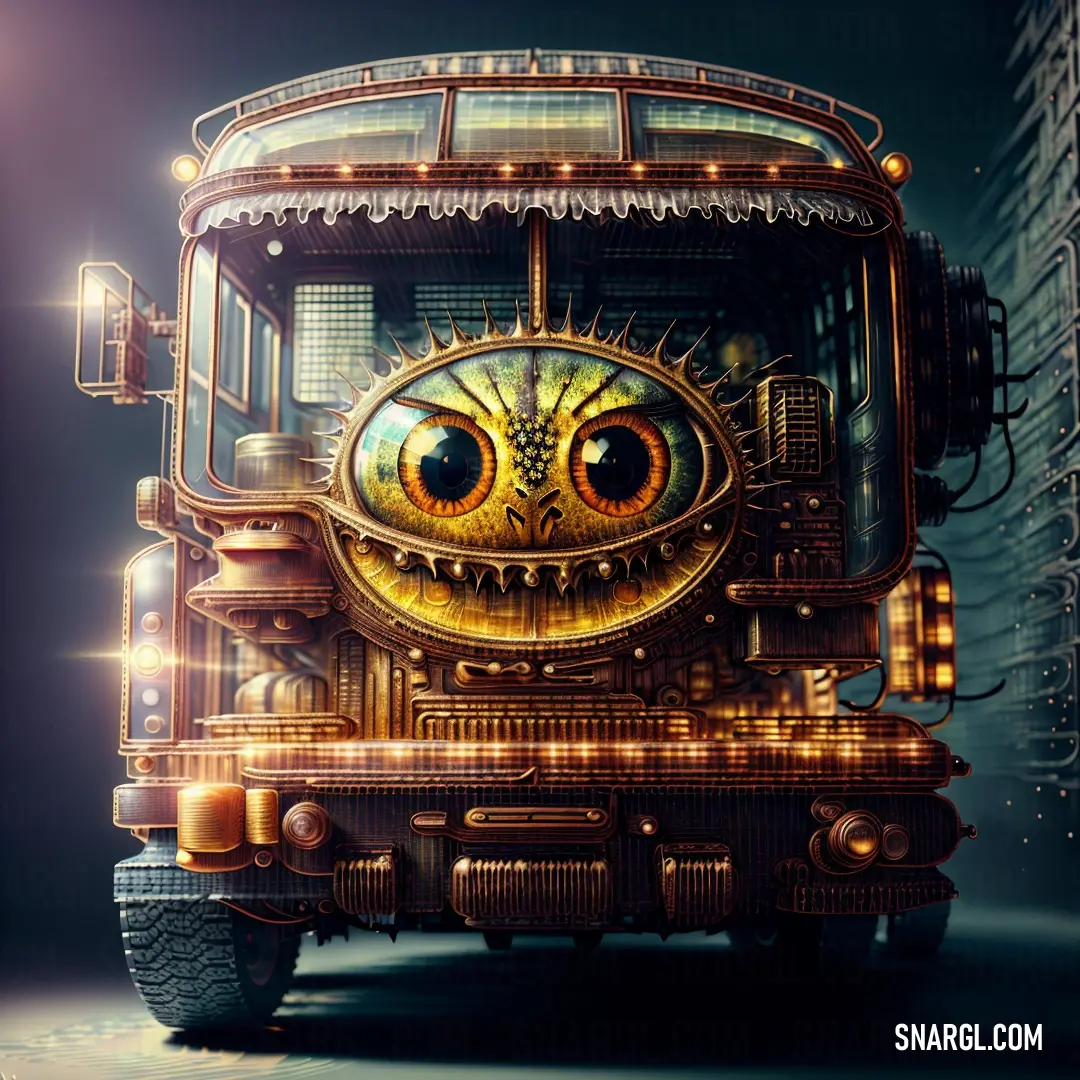 Bus with a big eyeball on the front of it's face and lights around it's eyes