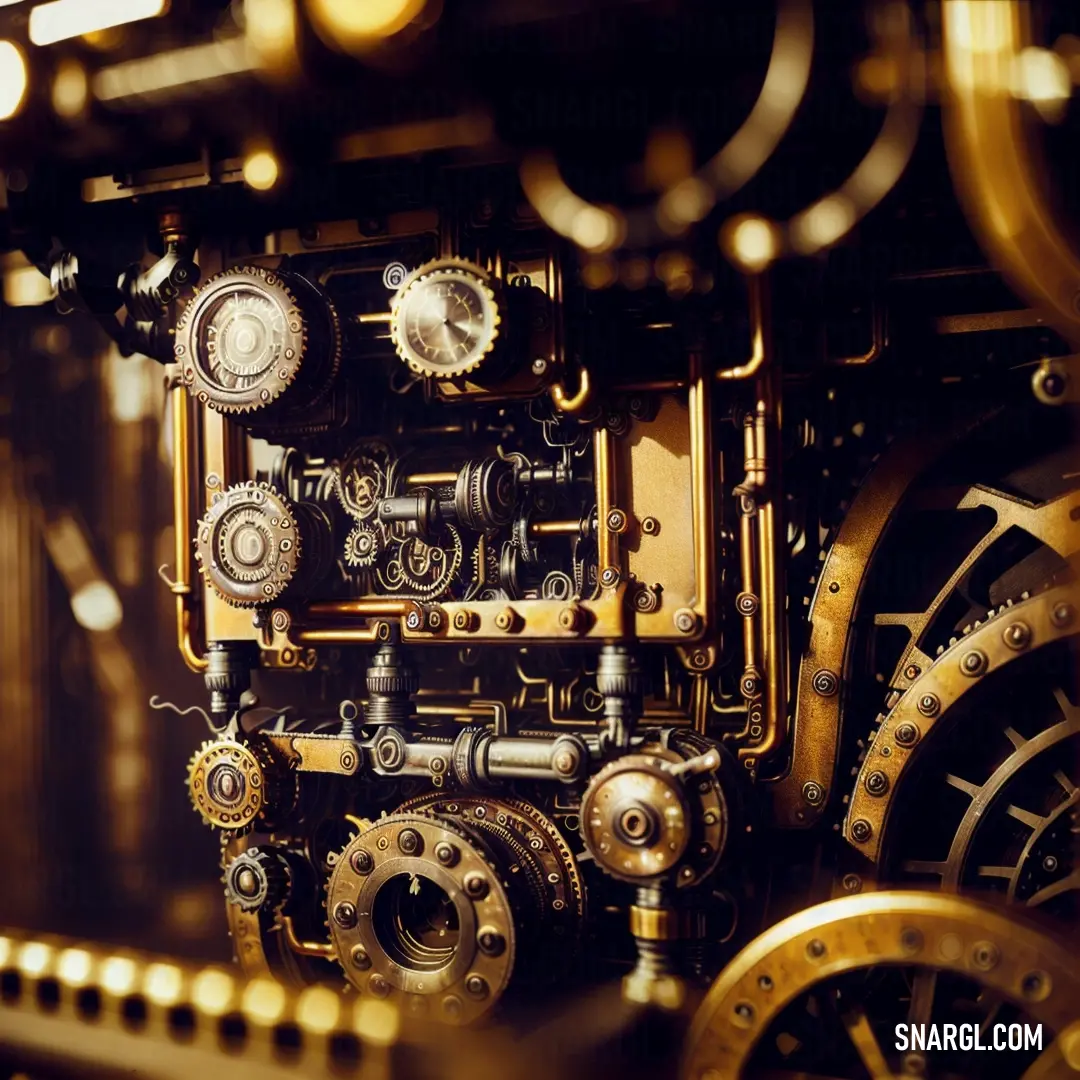 Close up of a clock with gears and chains on it's face