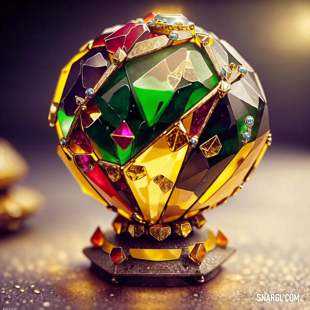 Colorful diamond shaped object on a table top with other items around it and a gold chain around it