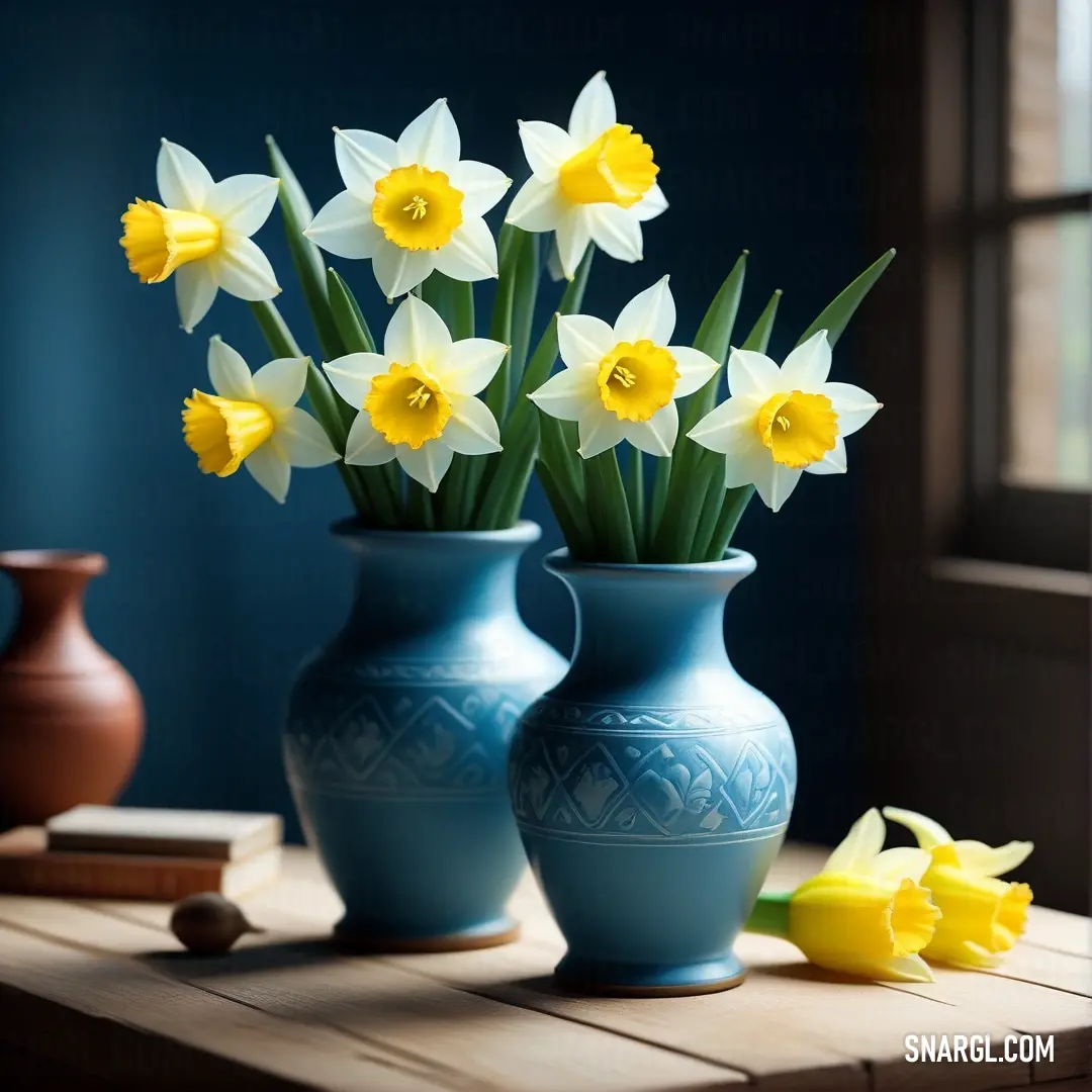 Couple of vases on a table with flowers in them. Example of CMYK 0,15,100,0 color.