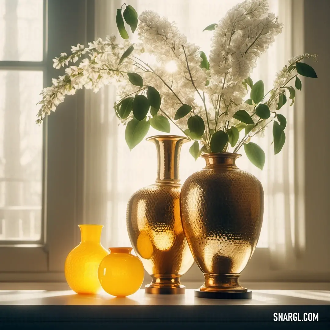 Couple of vases on a table with flowers in them and a window behind them with a curtain. Example of #FFD800 color.