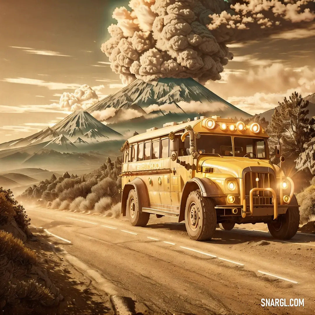 School bus driving down a road with a mountain in the background and clouds in the sky above it