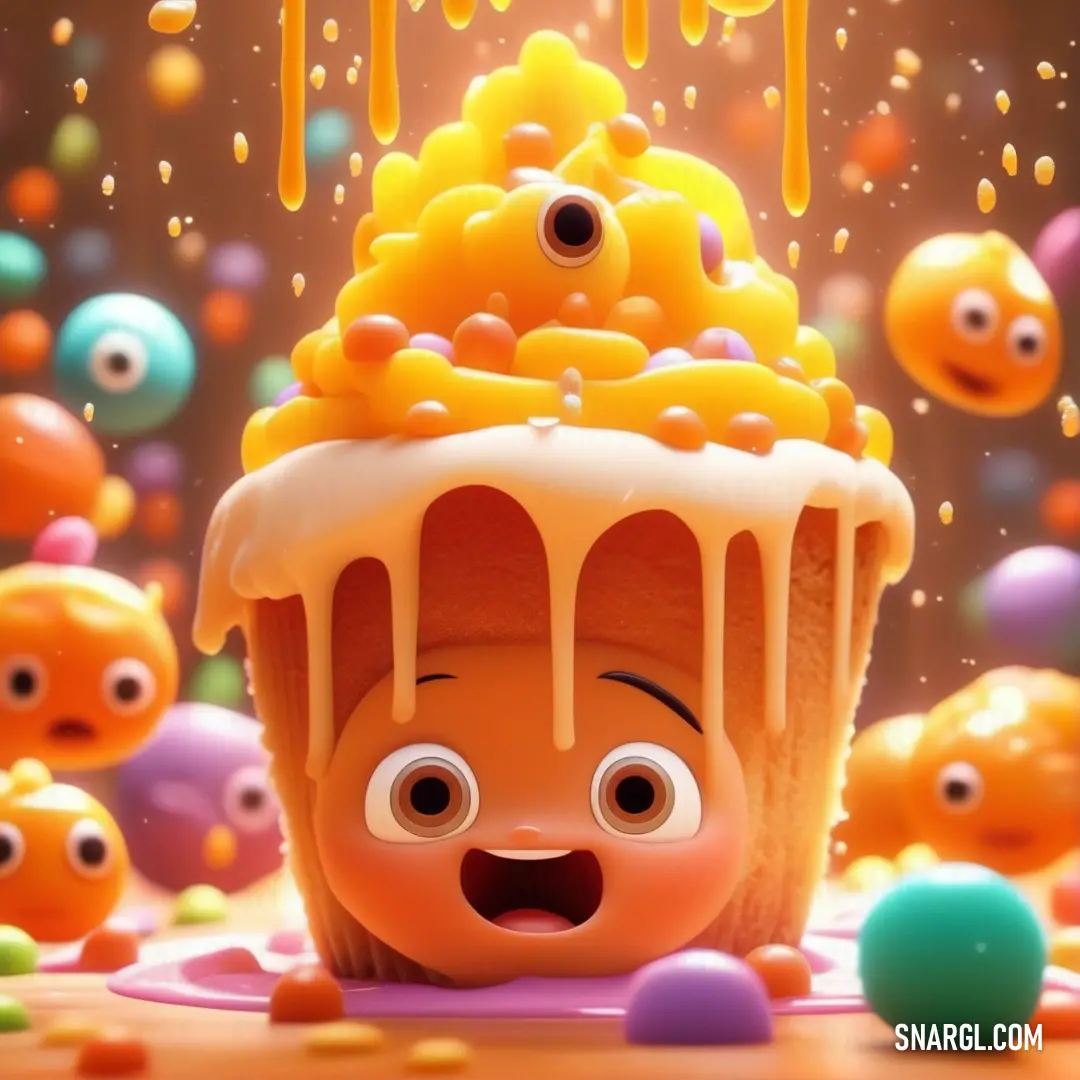 Cupcake with a face and eyes surrounded by balls of candy and candies. Example of #FFD800 color.