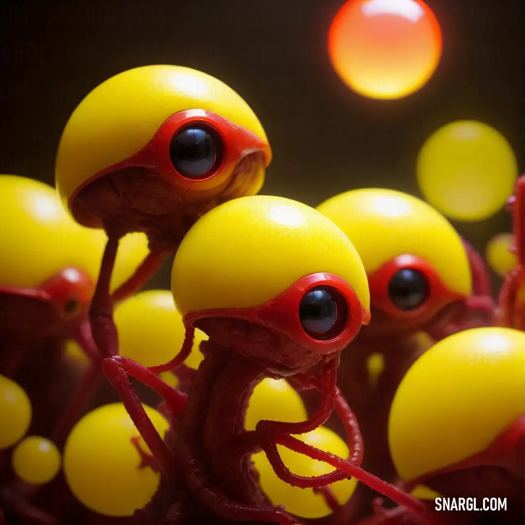 Group of yellow toy figures with eyes and legs with red stems and red stems with black eyes. Example of RGB 255,216,0 color.