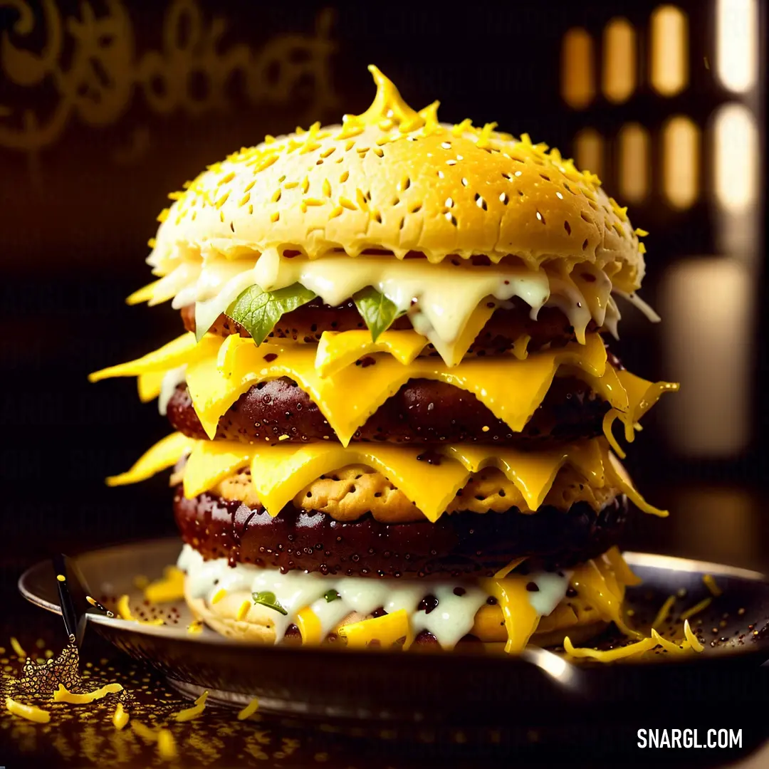 Hamburger with cheese and other toppings on a plate with a fork and a glass of wine in the background. Color CMYK 0,15,100,0.