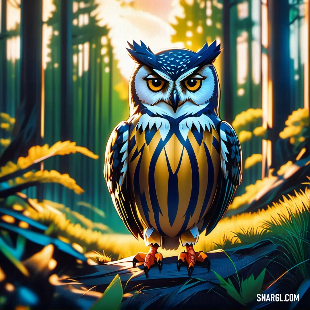 School bus yellow color. Owl is standing on a log in the woods with a sunset in the background