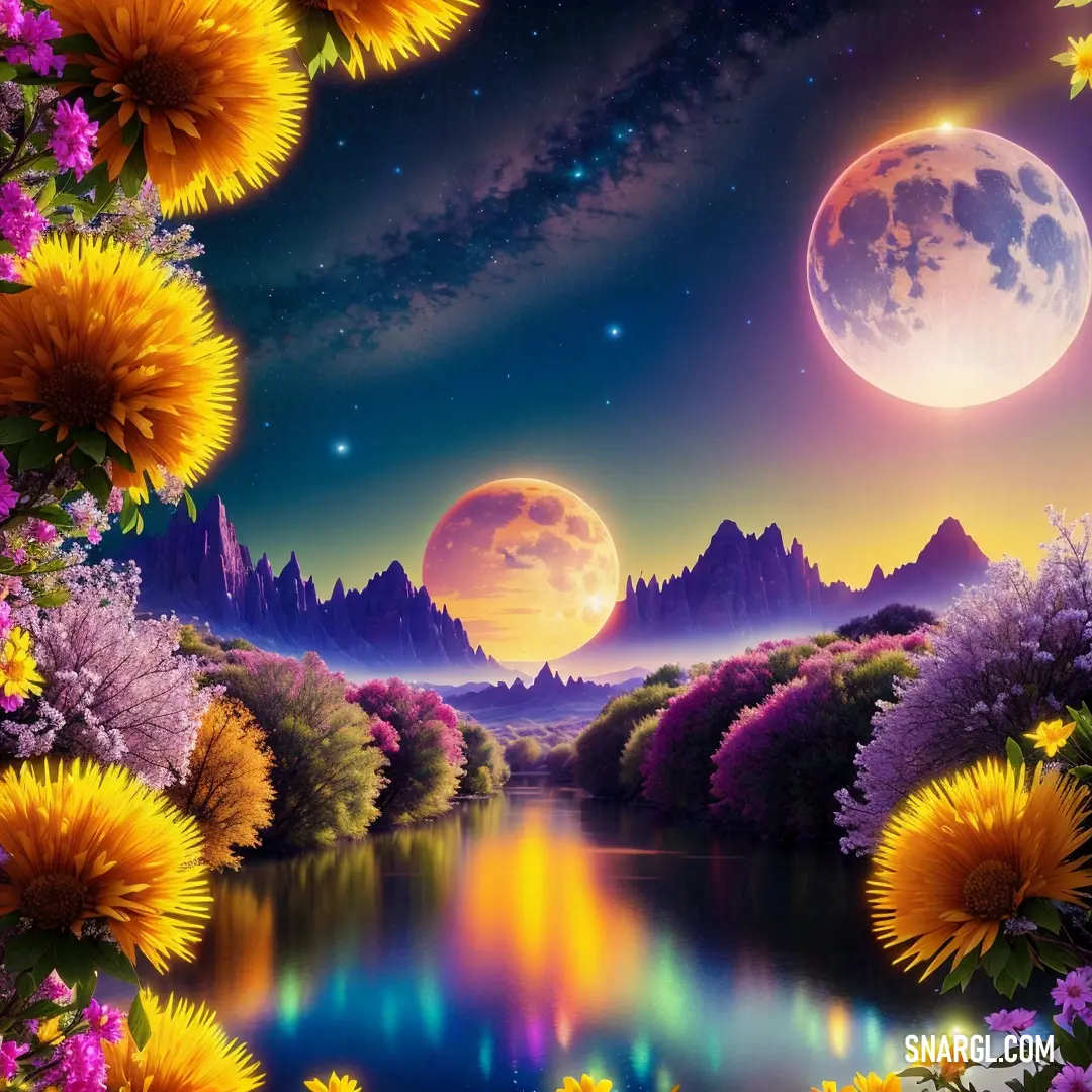 Painting of a beautiful night scene with flowers and a lake in the foreground. Color CMYK 0,15,100,0.