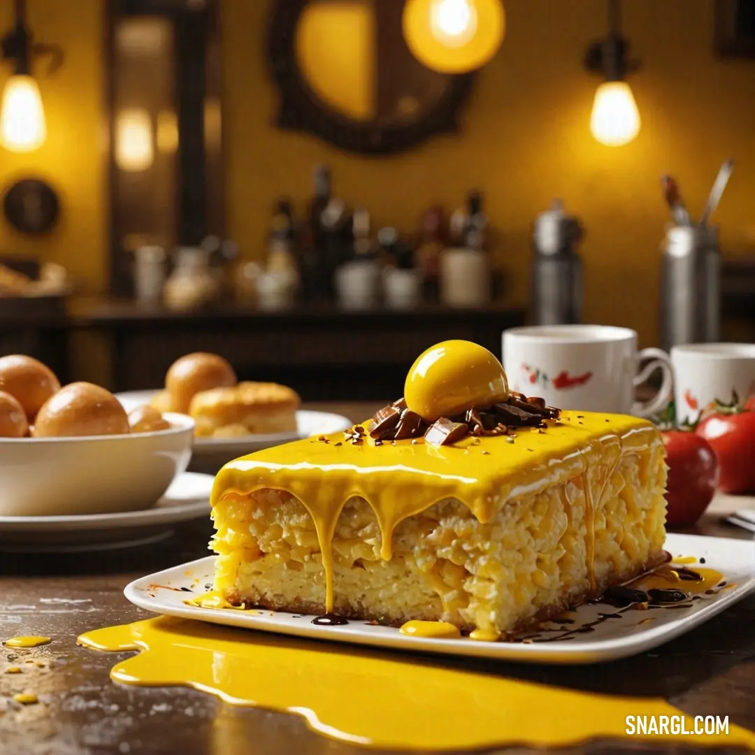 School bus yellow color. Piece of cake on a plate on a table with other plates of food
