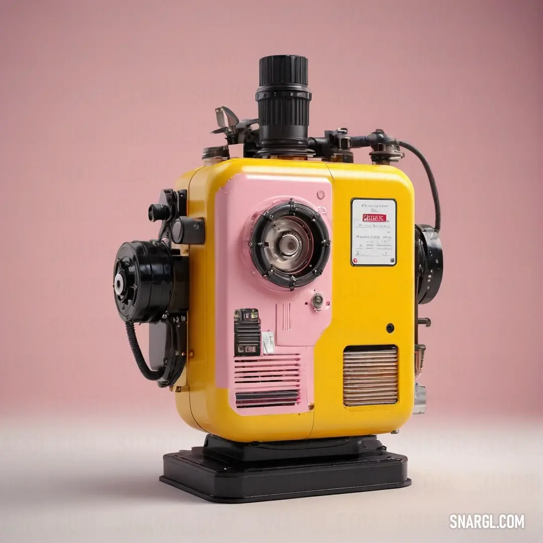 Yellow and pink camera on a black stand on a pink background. Example of CMYK 0,15,100,0 color.