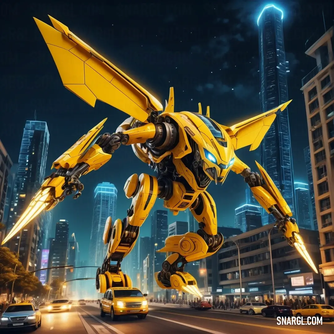 Yellow robot is in the middle of a city at night with a car passing by it and a building in the background. Color #FFD800.