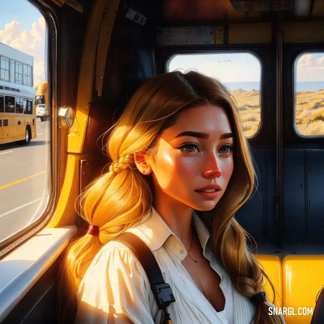 Woman in a bus looking out the window at the desert and a bus in the background