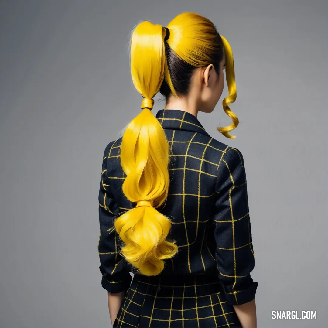 Woman with long yellow hair in a ponytail and a black dress with a yellow checkered pattern on it. Color RGB 255,216,0.