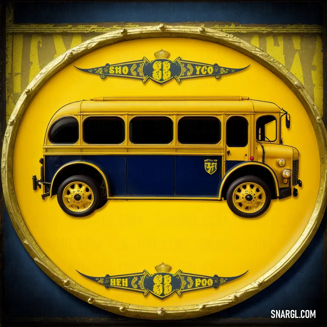 Yellow and blue bus is on a yellow plaque with a black border around it and a gold frame. Example of School bus yellow color.