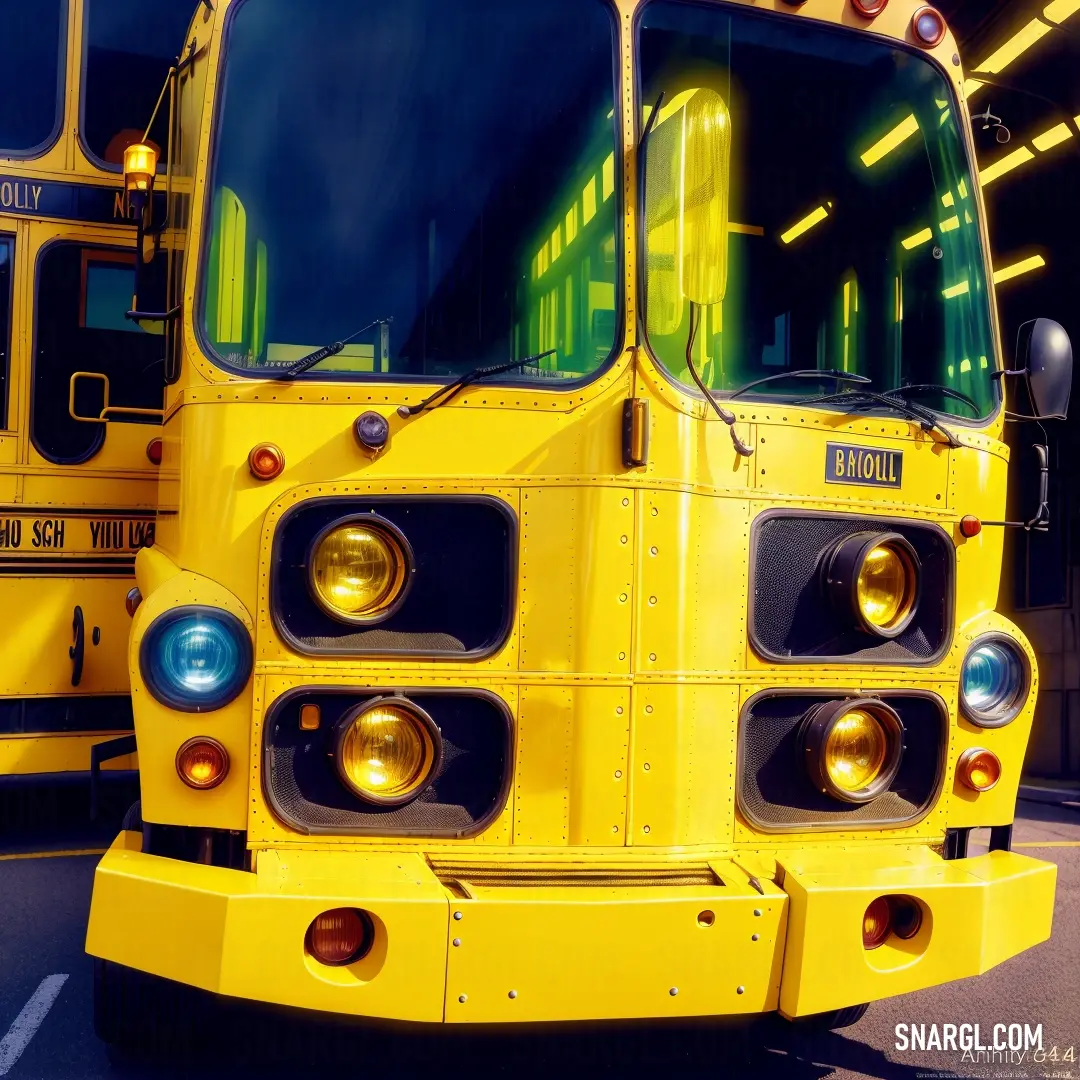 Yellow bus parked in a parking lot next to another bus with its lights on and a yellow bus behind it