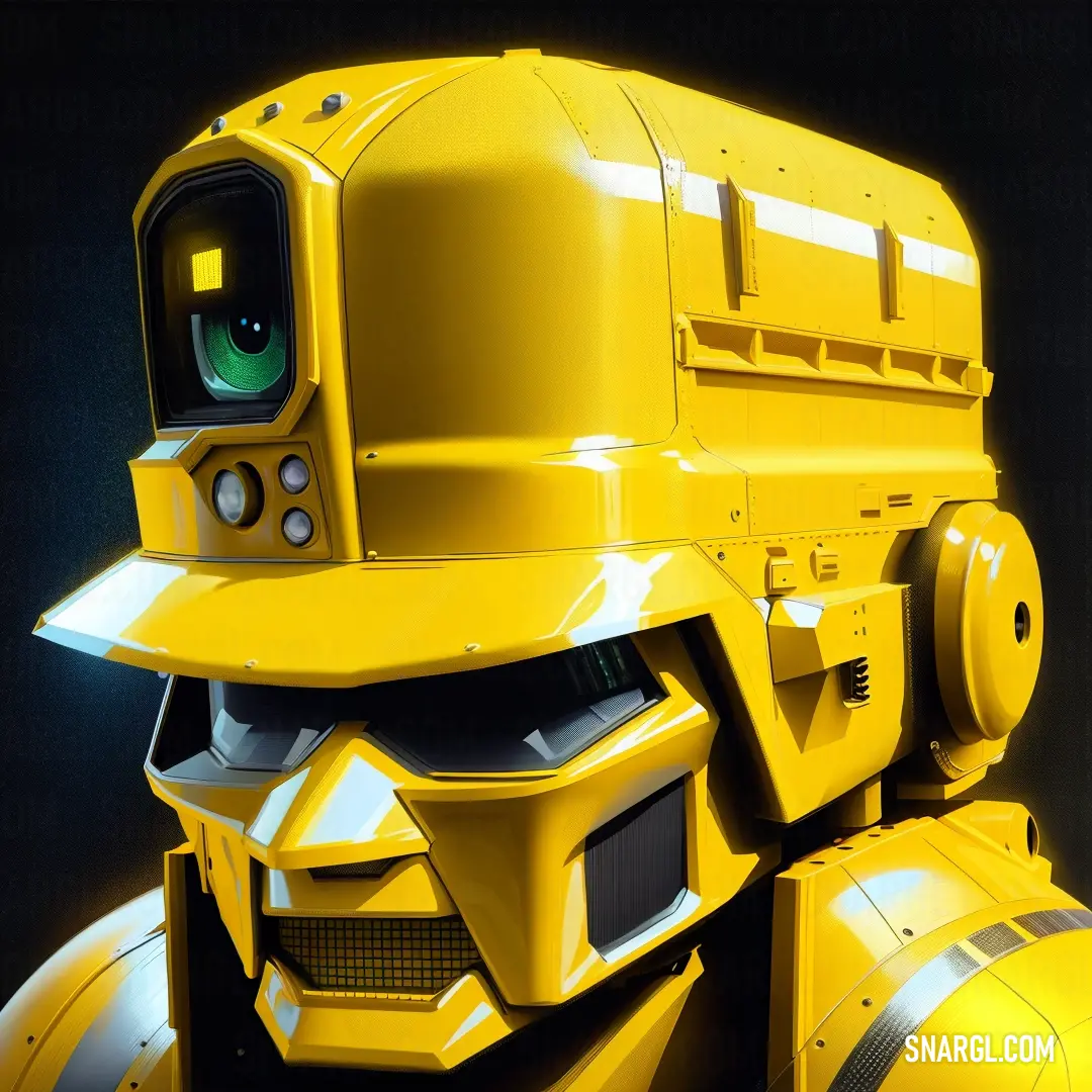 Yellow robot with a green eye and a helmet on it's head and a black background