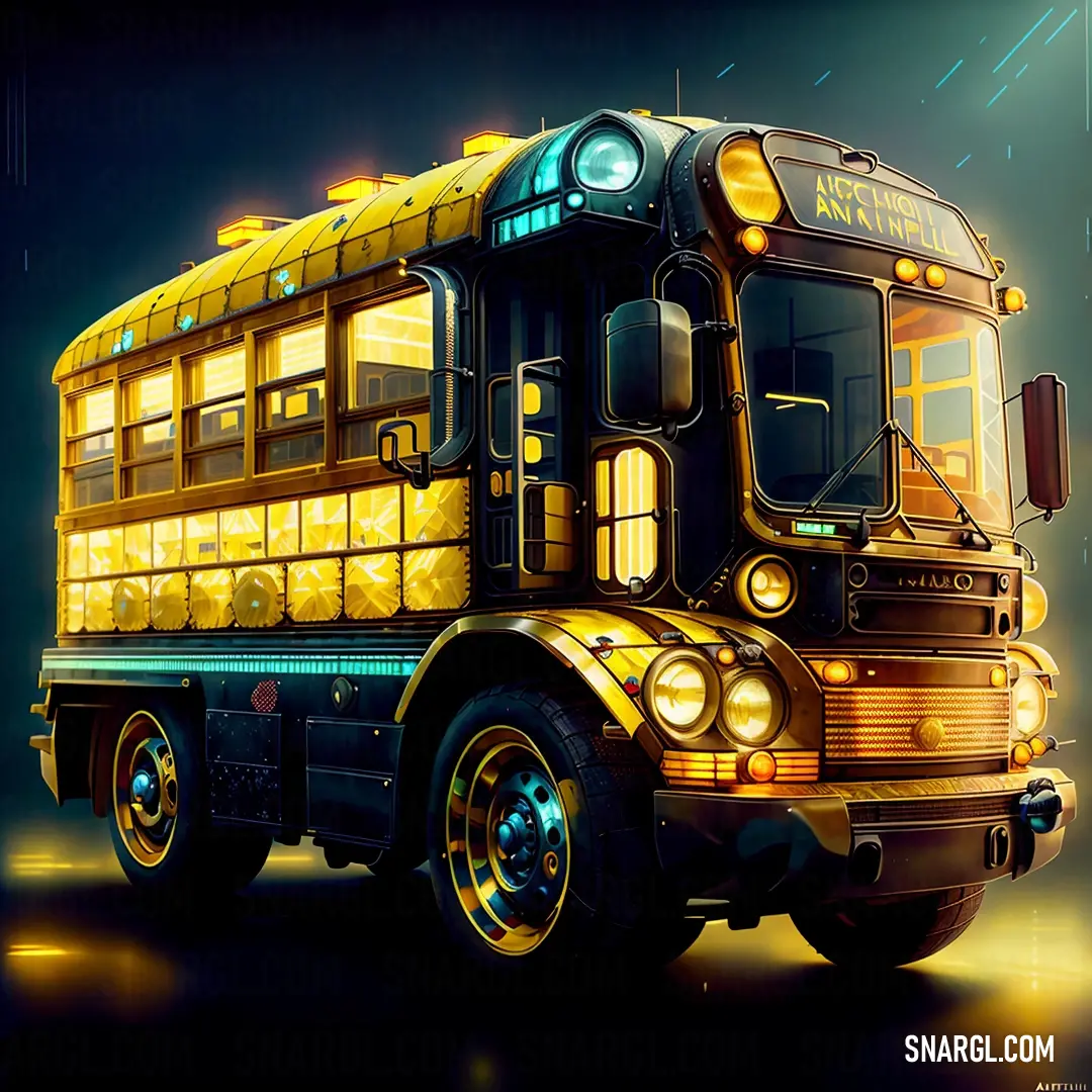Yellow school bus with lights on it's side and a black background with a yellow light on the front