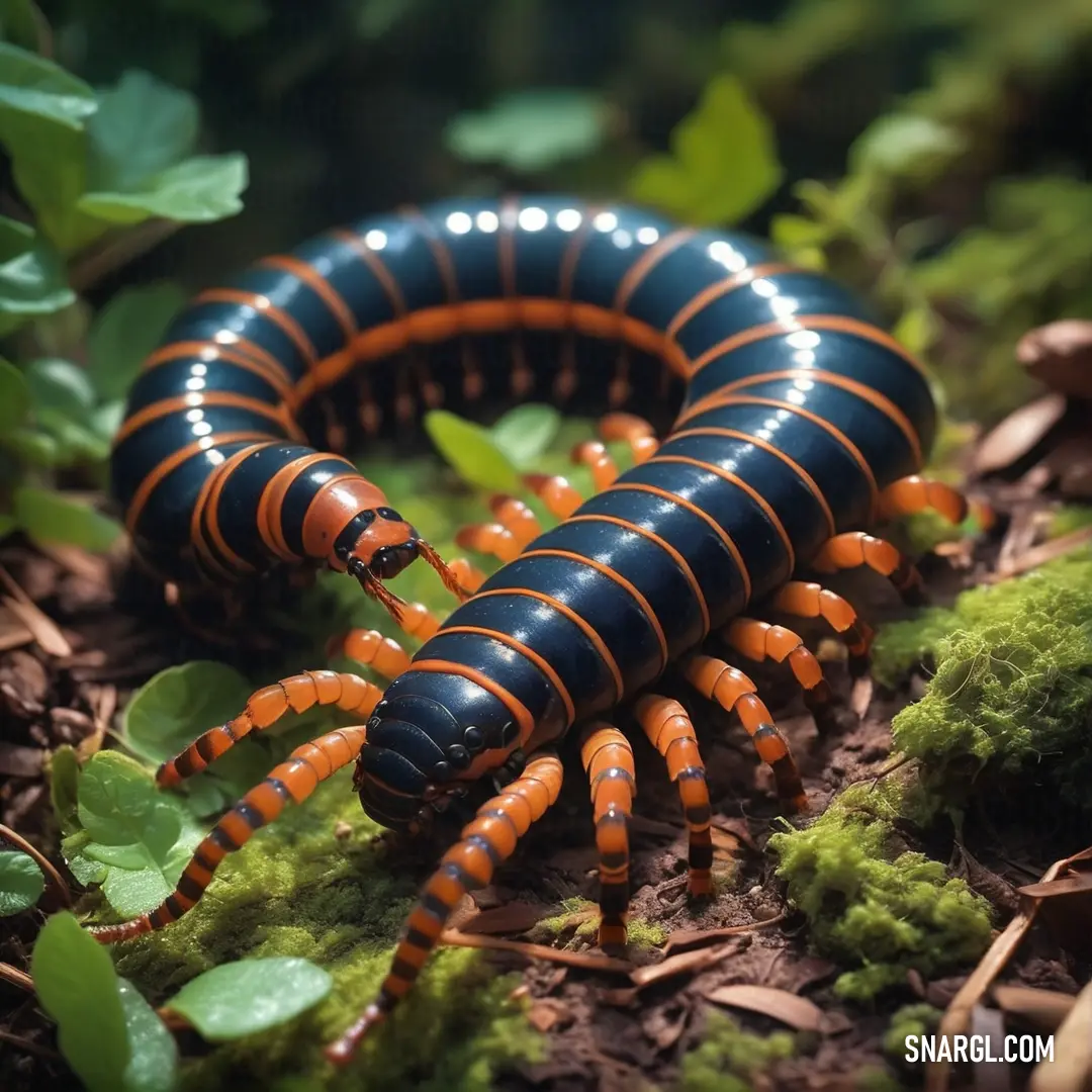 Black and orange caterpillar crawling on the ground in the forest with green plants and leaves around