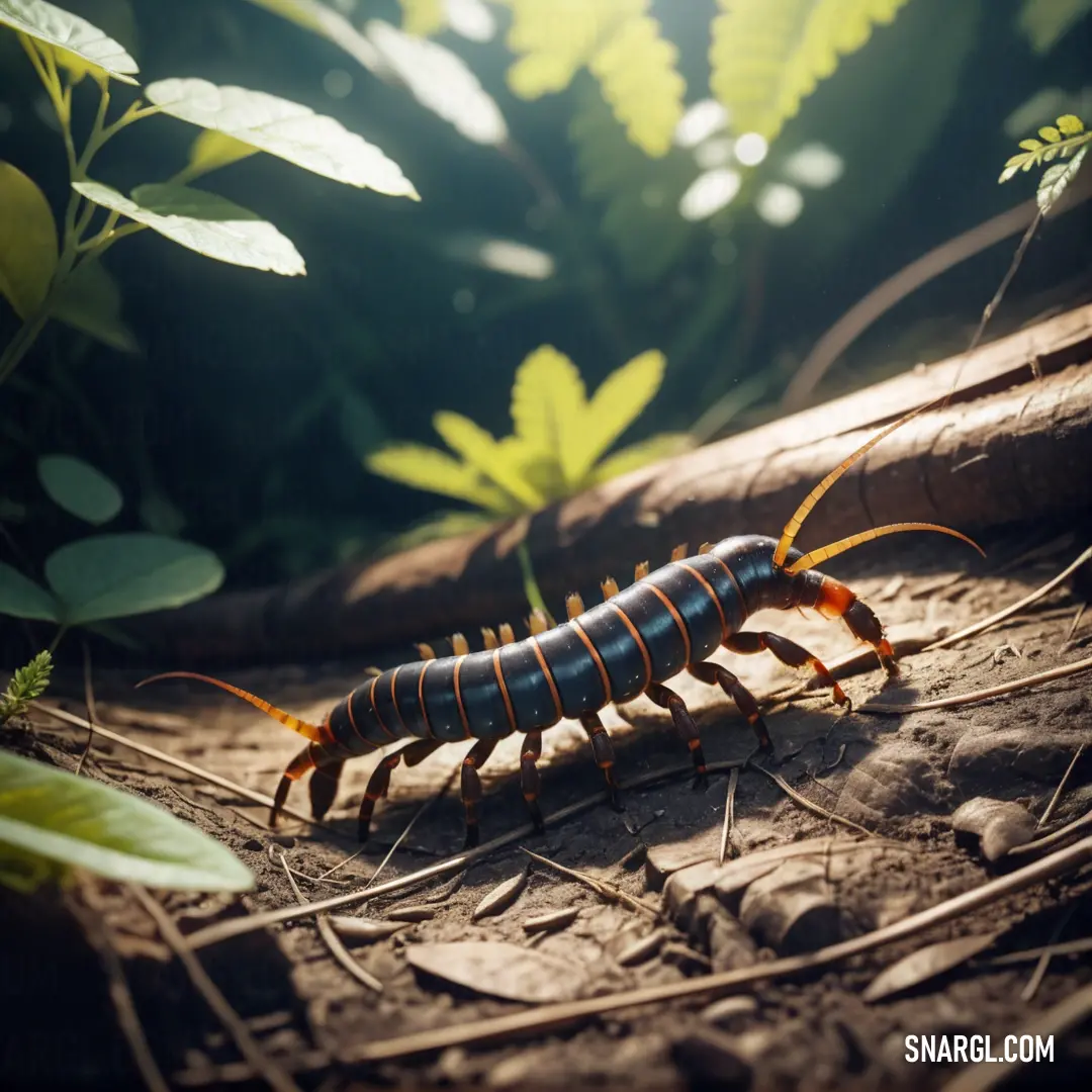 Blue and orange insect on the ground in the forest with leaves and plants around it