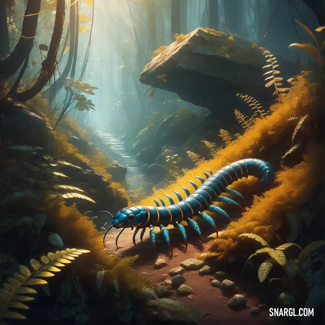 Blue caterpillar crawling on a path through a forest of ferns and ferns in sunlight rays from the sun