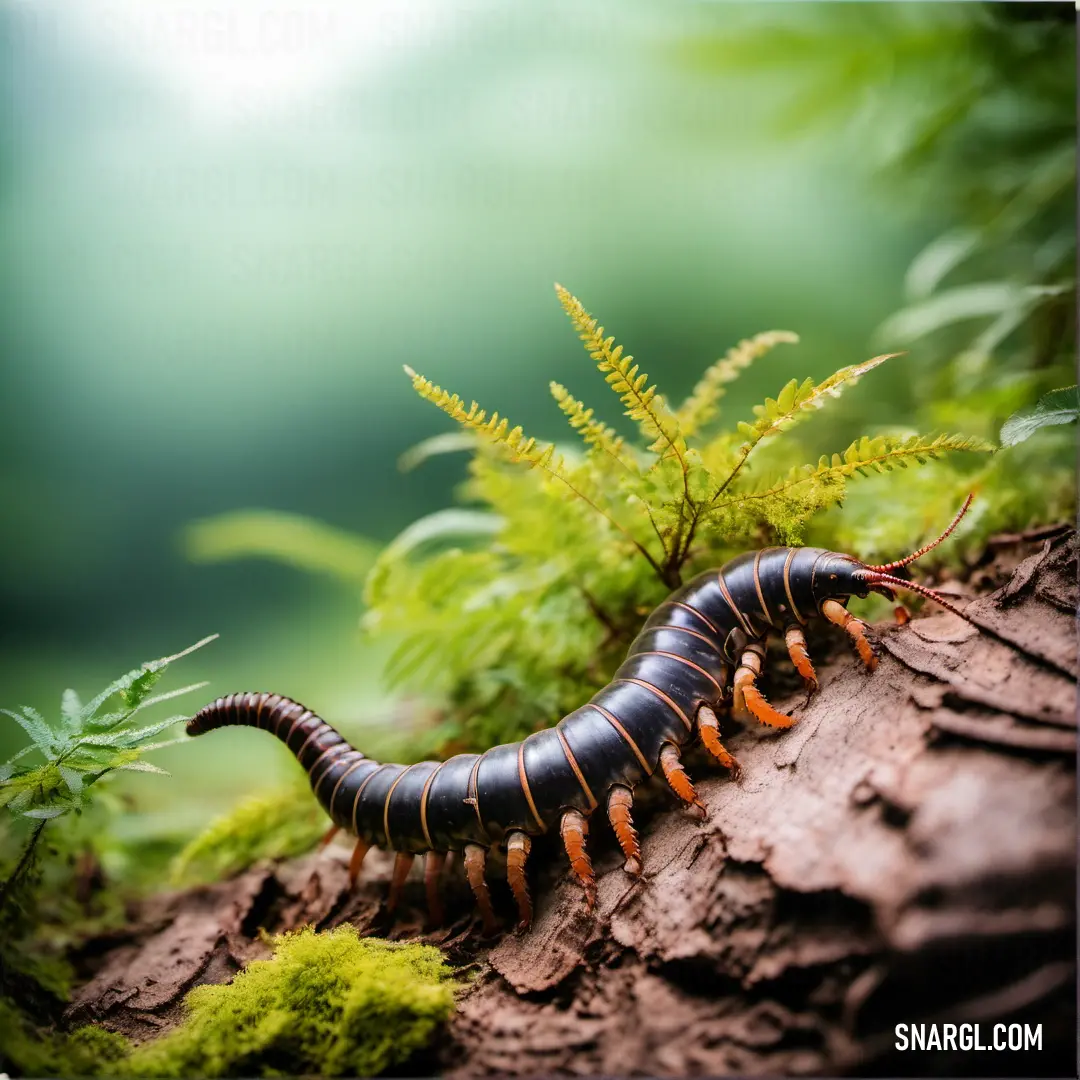 Caterpillar crawling on a tree branch in the forest with green ferns