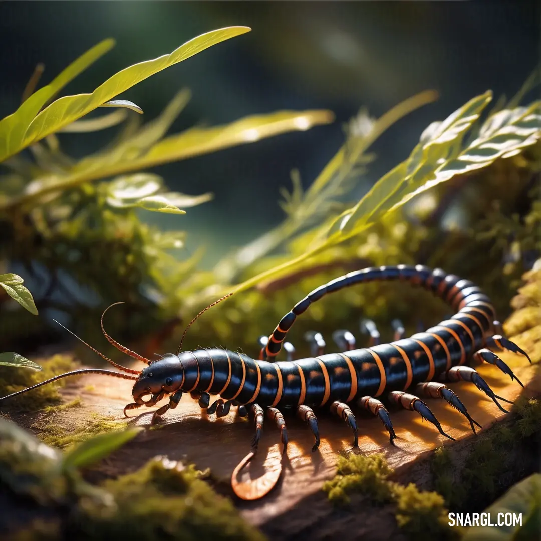 Close up of a caterpillar on a surface with plants in the background