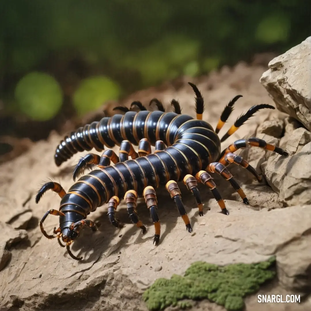 Group of black and orange bugs on a rock with green moss growing on its side