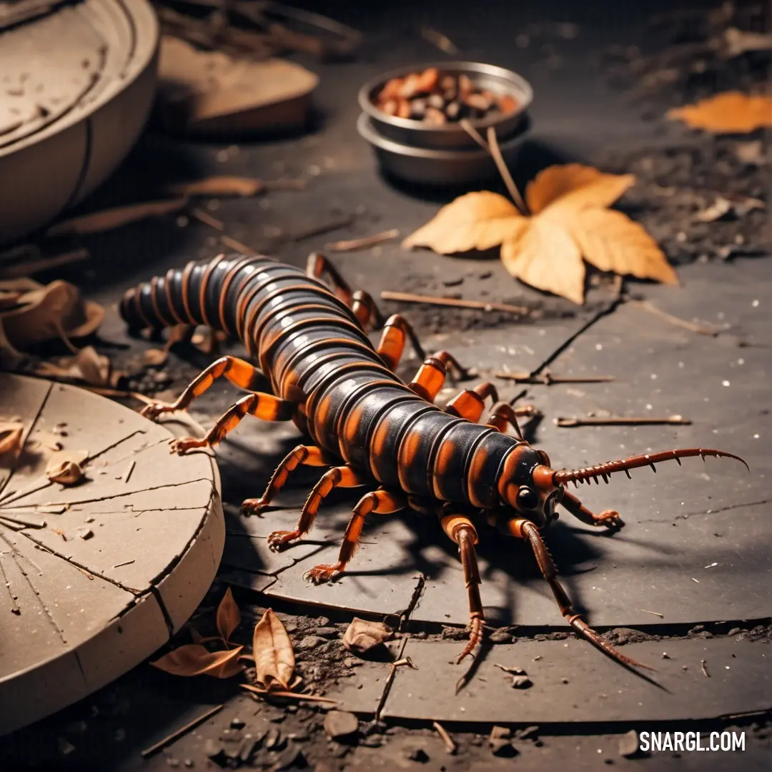 Very cute looking insect laying on the ground next to some food dishes and a plate with a leaf on it