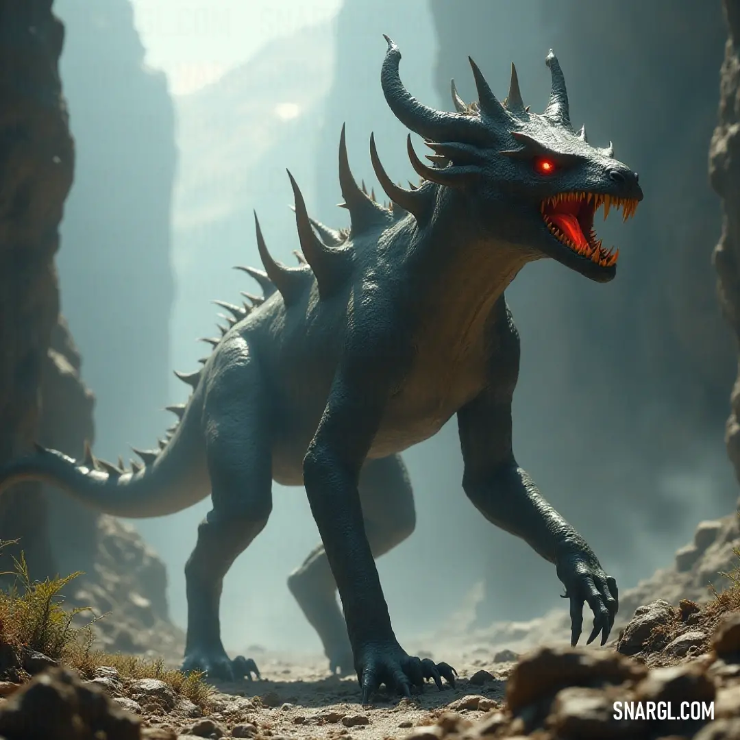 The playful might of a toy Godzilla, unleashed in a rocky cave setting of dreams and imagination. A toy rendition of a Godzilla figure, mouth agape and glowing red eyes aglow, dominates a cave-like setting made up of textured rocks and scattered grass, emphasizing the playful juxtaposition of childhood imagination and epic monster lore.